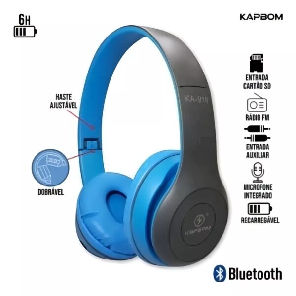 Fone Bluetooth 5.0,alcance 10 Mt,botoes Laterais,fm,entrada De Cartao De Memoria Ka-916